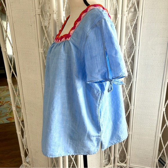 Talbots Blue Linen Top Crochet Trim Pink Coral Short Tie Sleeve Blouse size 2XP - Picture 7 of 16